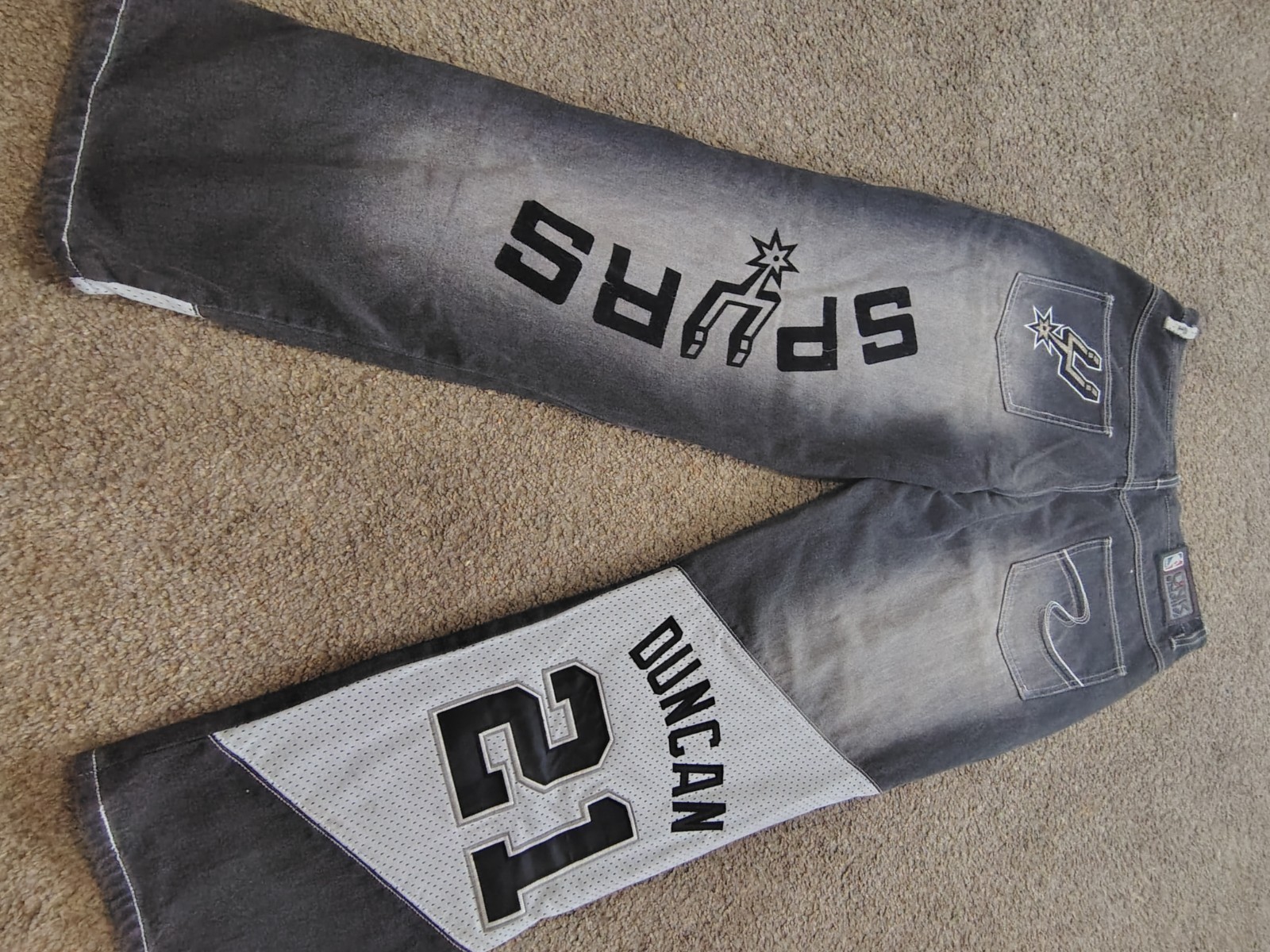 UNK Denim NBA Spurs Tim Duncan 21 Embroidered Straight Jeans Black White Men