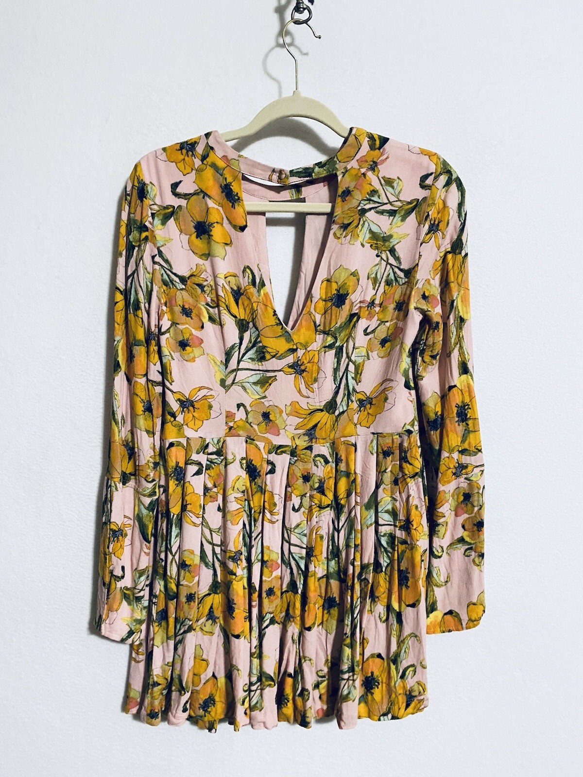 Free People Womens 4 Tegan Mini Dress Floral Print Slit Bell Sleeves Boho