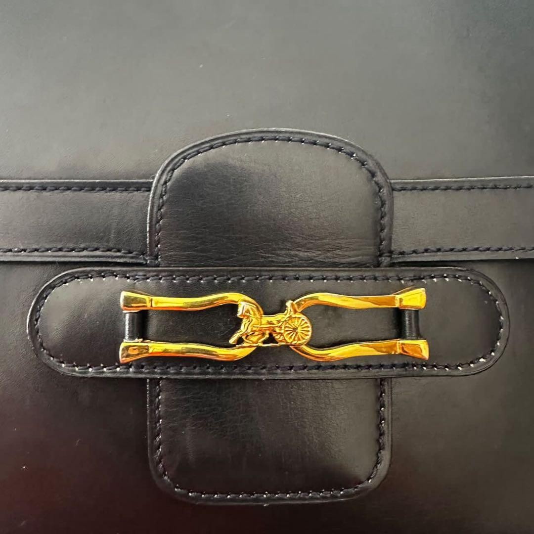 CELINE Horse Shoulder Bag Navy Leather Gold HW Carriage Box