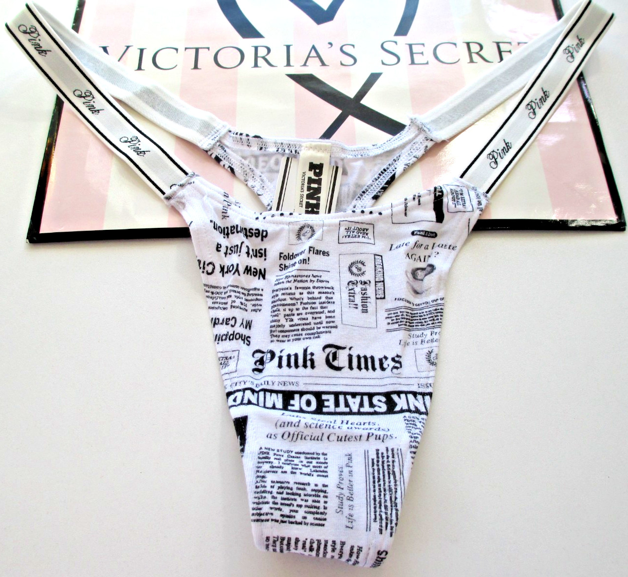 VICTORIA’S SECRET PINK Cotton High Leg Micro Thong Panty VS Newspaper S M L XL