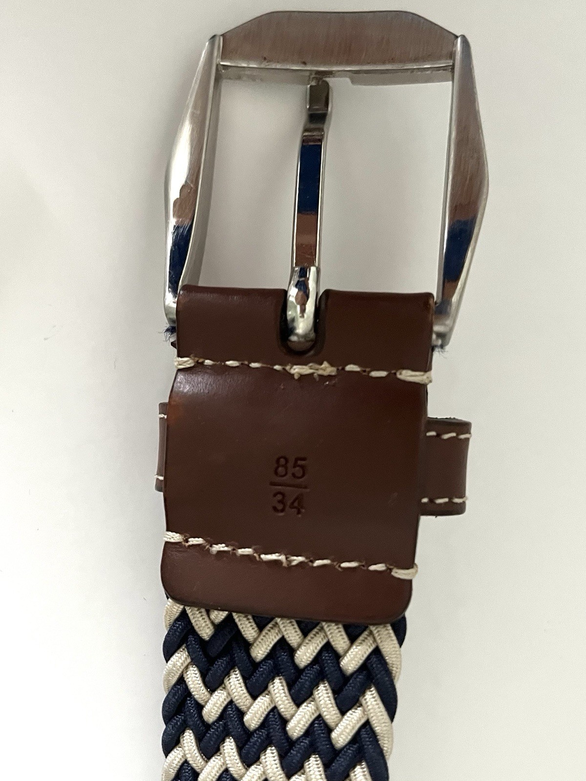 Martin Dingman Leather End Belt Beige Navy Tan Braided Woven Rope Size 34
