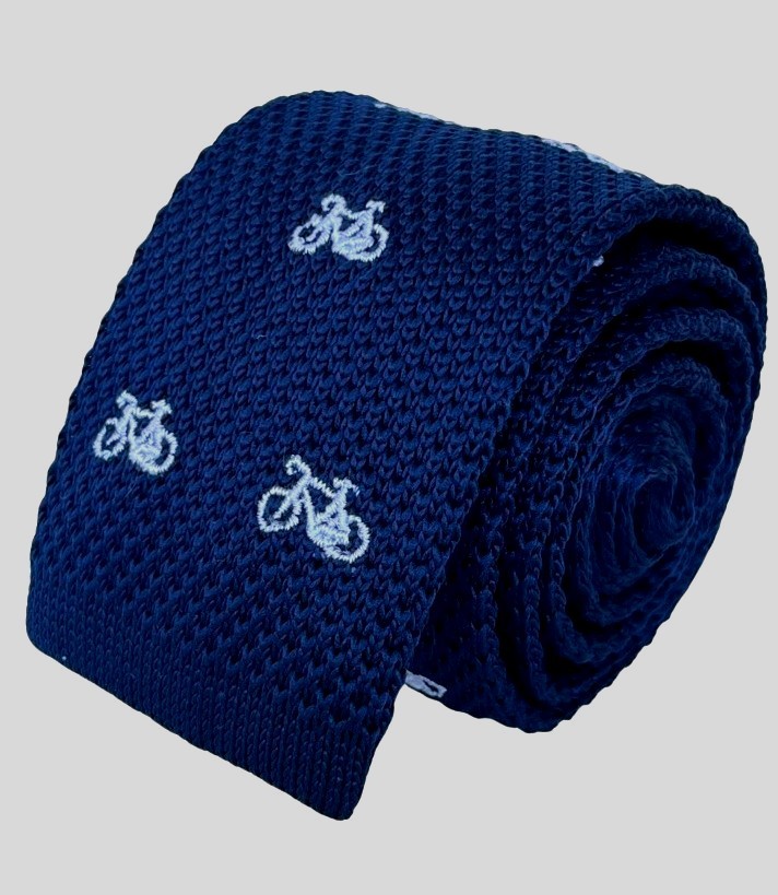 Navy Blue Knitted Tie with Embroidered White Bicycle Bike Skinny 2.25 in