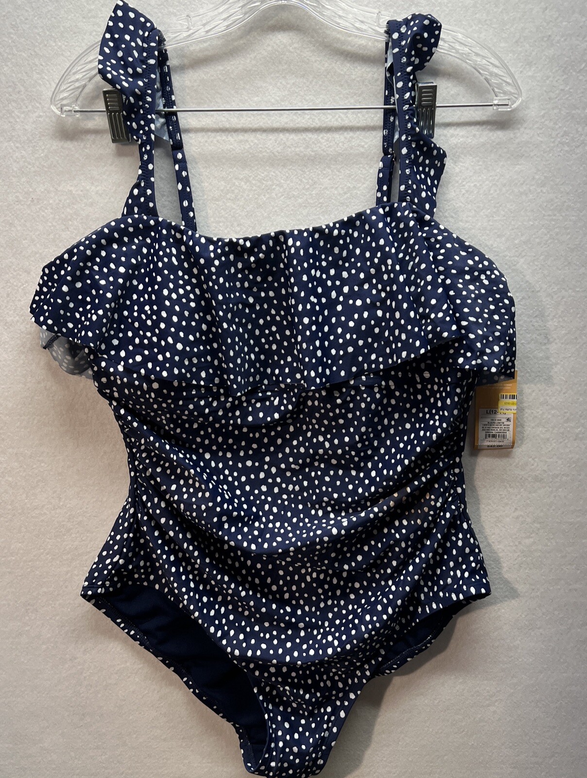 Women’s Kona Sol Ruffled One-piece Swimsuit Blue Polka Dot L Retail $40
