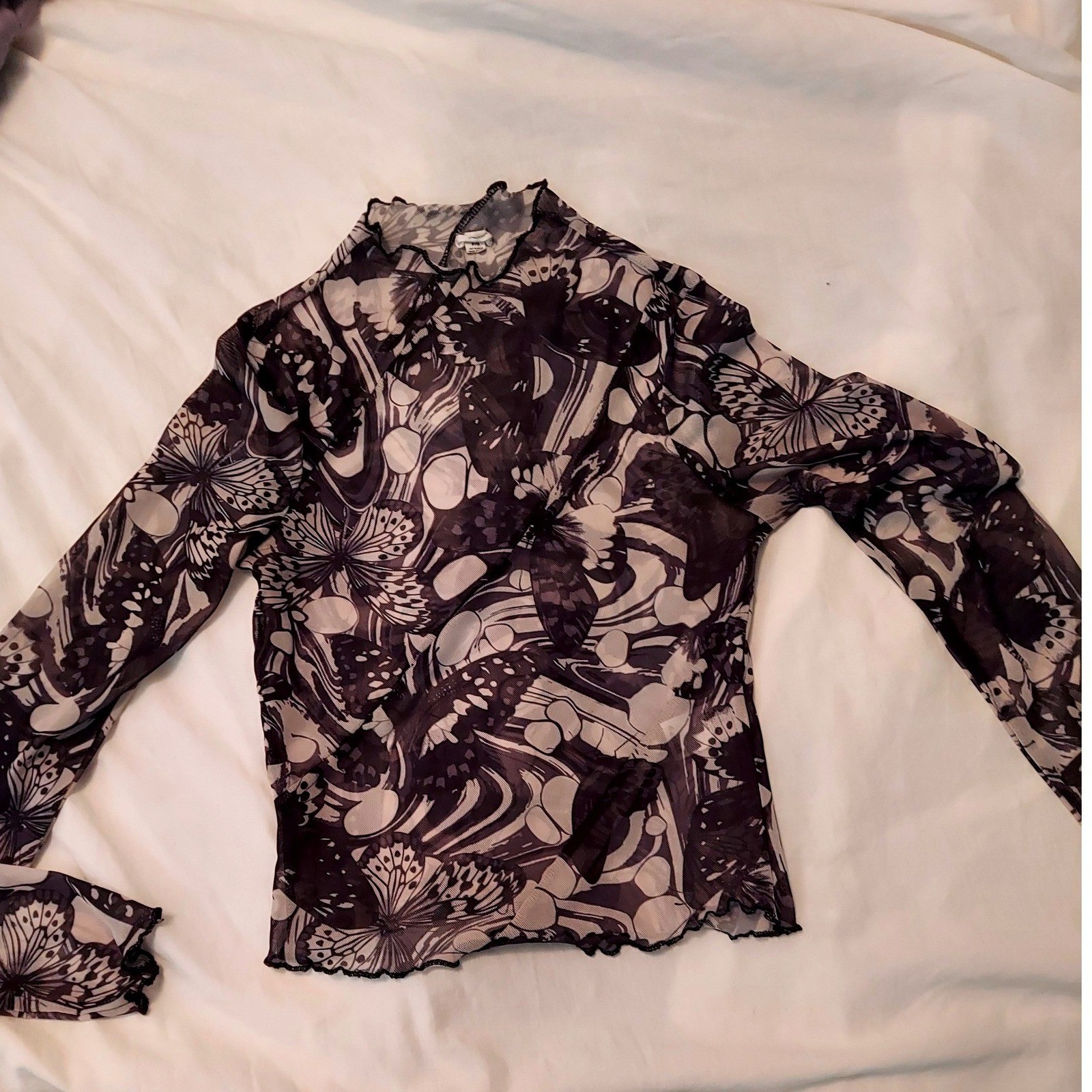 Garage Butterfly Y2K Print Mesh Mock Neck Long Sleeve Top Black White Small