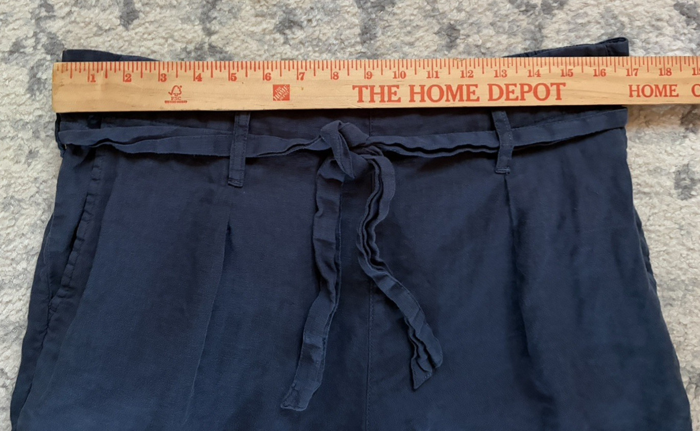 Nicole Miller Linen Pants Large L Blue Wide Leg Cropped Paperbag Waist Tie Belt