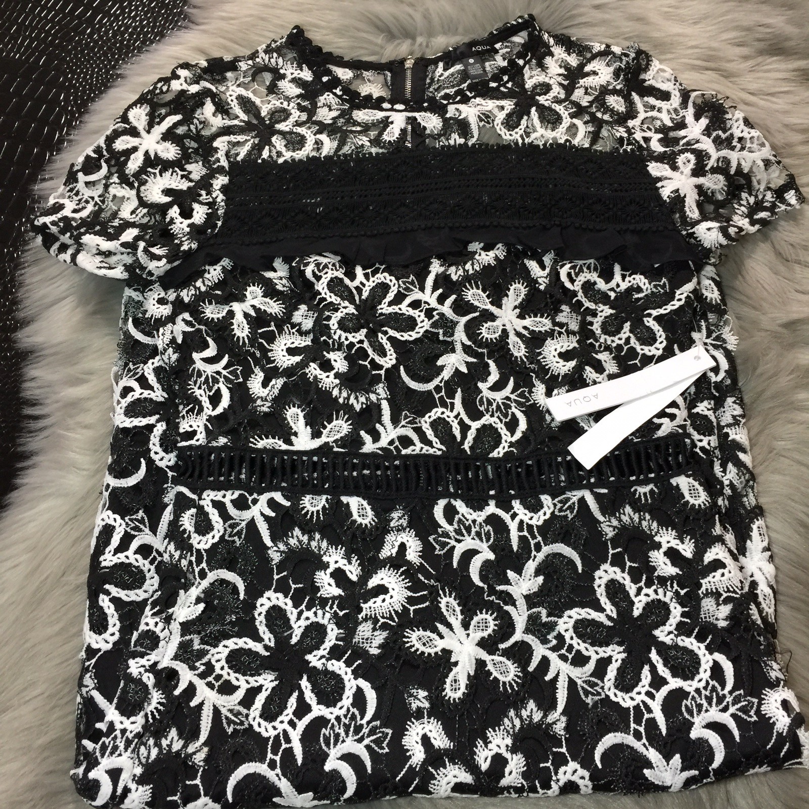 NWT Aqua Black White All Crochet Lace Dress Midi Size Small $118 Super Cute!