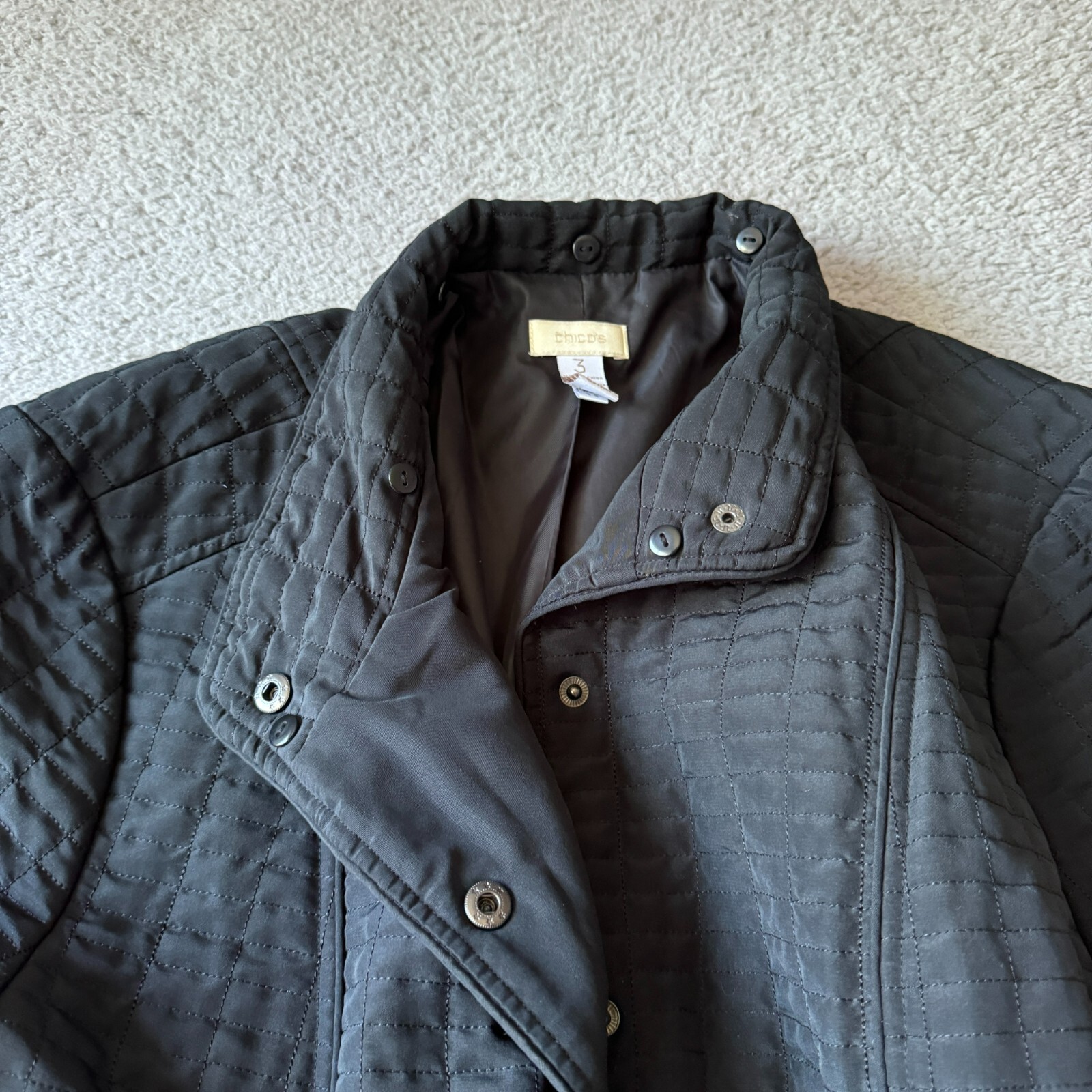 Chico’s Jacket Womens XL 3 Black Quilted Snap Insulated Coat Outdoor Modern City