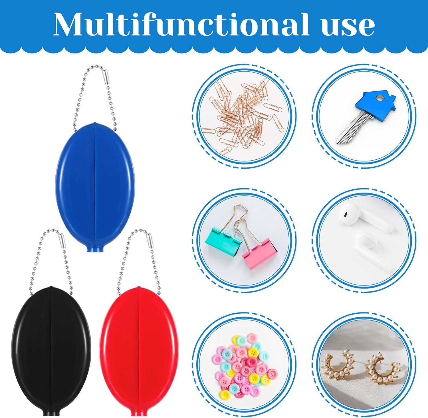 3 Pcs Rubber Squeeze Coin Purse with Chain Small Oval Change Pouch for Travel