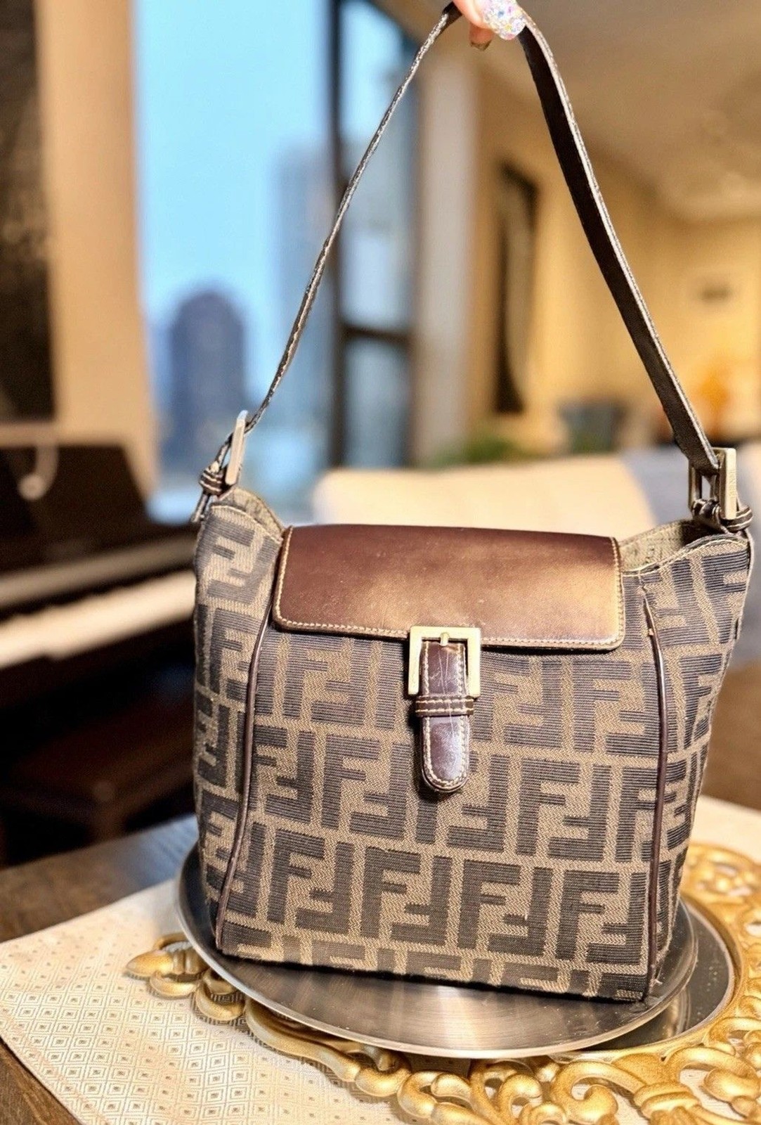 ✨ Authentic Fendi Zucca Shoulder Top Handle Crossbody Bag Canvas & Leather FF
