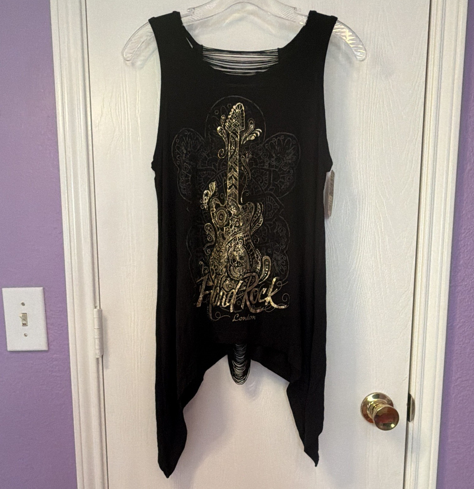 Hard Rock London Black Gold Fringe Sharkbite Tank Top Scoop Neck Women’s S NWT