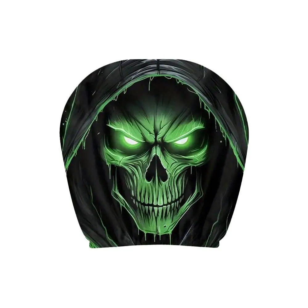 2x Green Glow Grim Reaper Skull Car Headrest Cover Hooded 2D Print Universal Fit