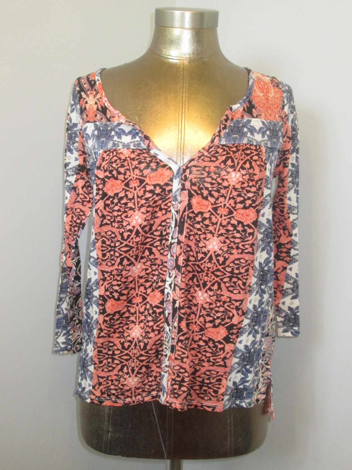 Lucky Brand Orange/Blue V-Neck Top Womens Size S Chest 36 Floral 208-34725