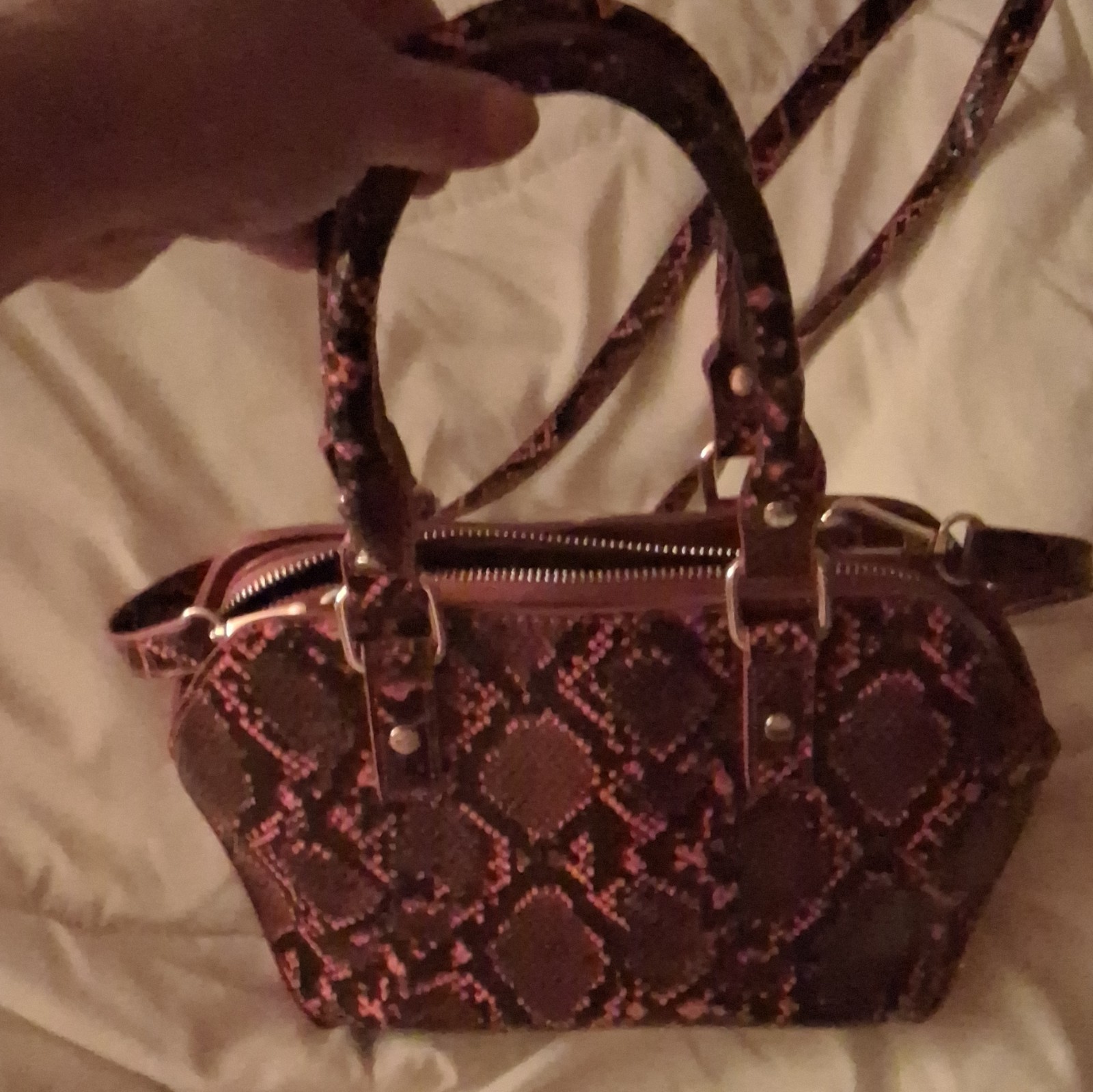 T.J. Maxx Red/Black Snake Print Small Satchel Top Handle Bag, Zip, Strap