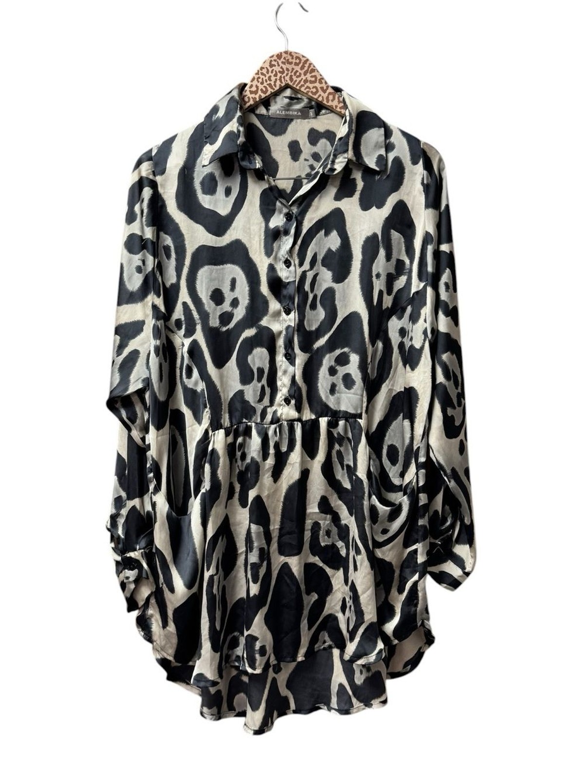 Alembika Long Sleeve Oversized Blouse Top Animal Print Black Beige 3 10/12