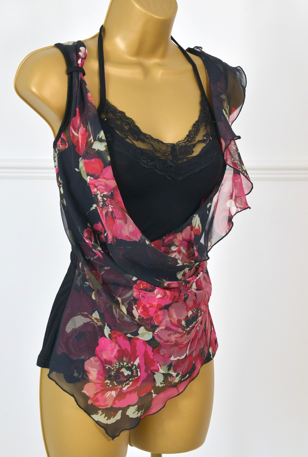 Vintage Y2K Morgan de Toi Ruffle Asymmetric Halter Neck Rose Wine Print Top Sz M