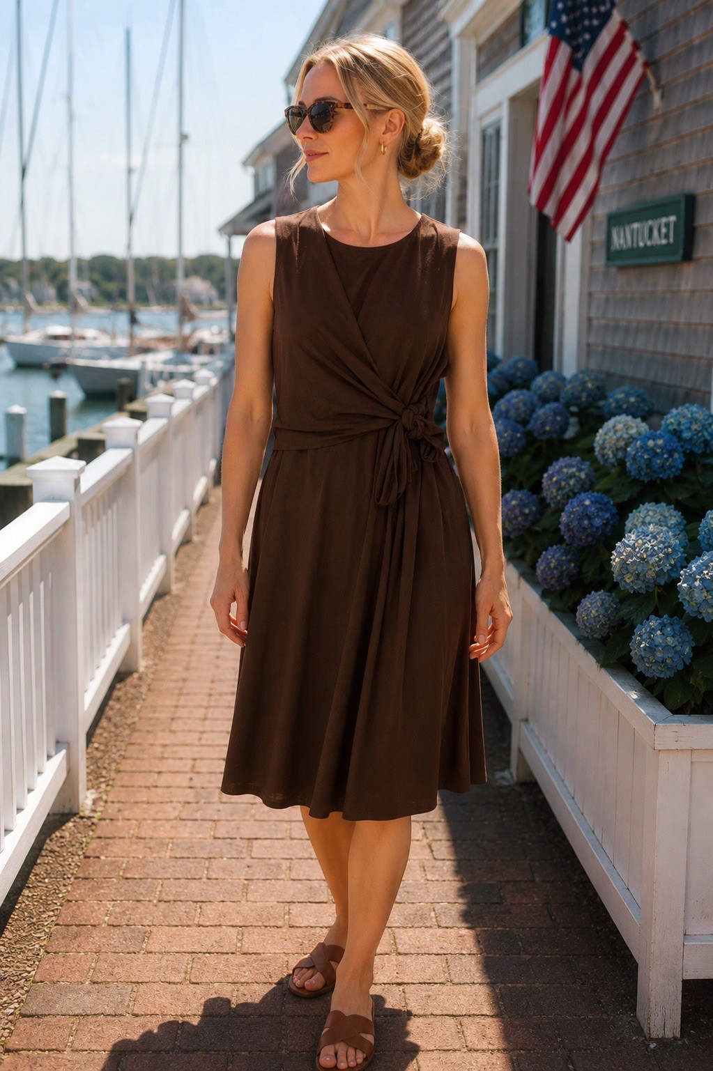 J. Jill Wearever Kona Brown Faux Wrap Side Tie Sleeveless Dress L NEW