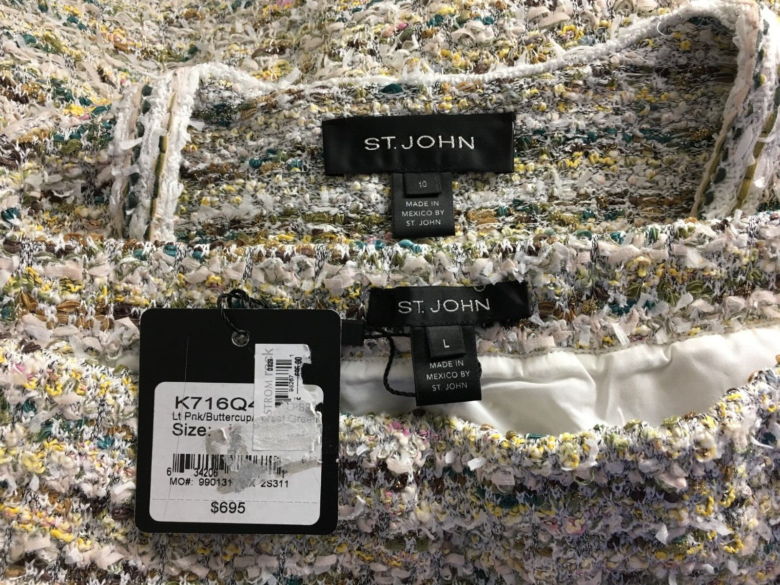 NEW BEAUTIFUL St John knit green white pink yellow multi skirt suit size L 10