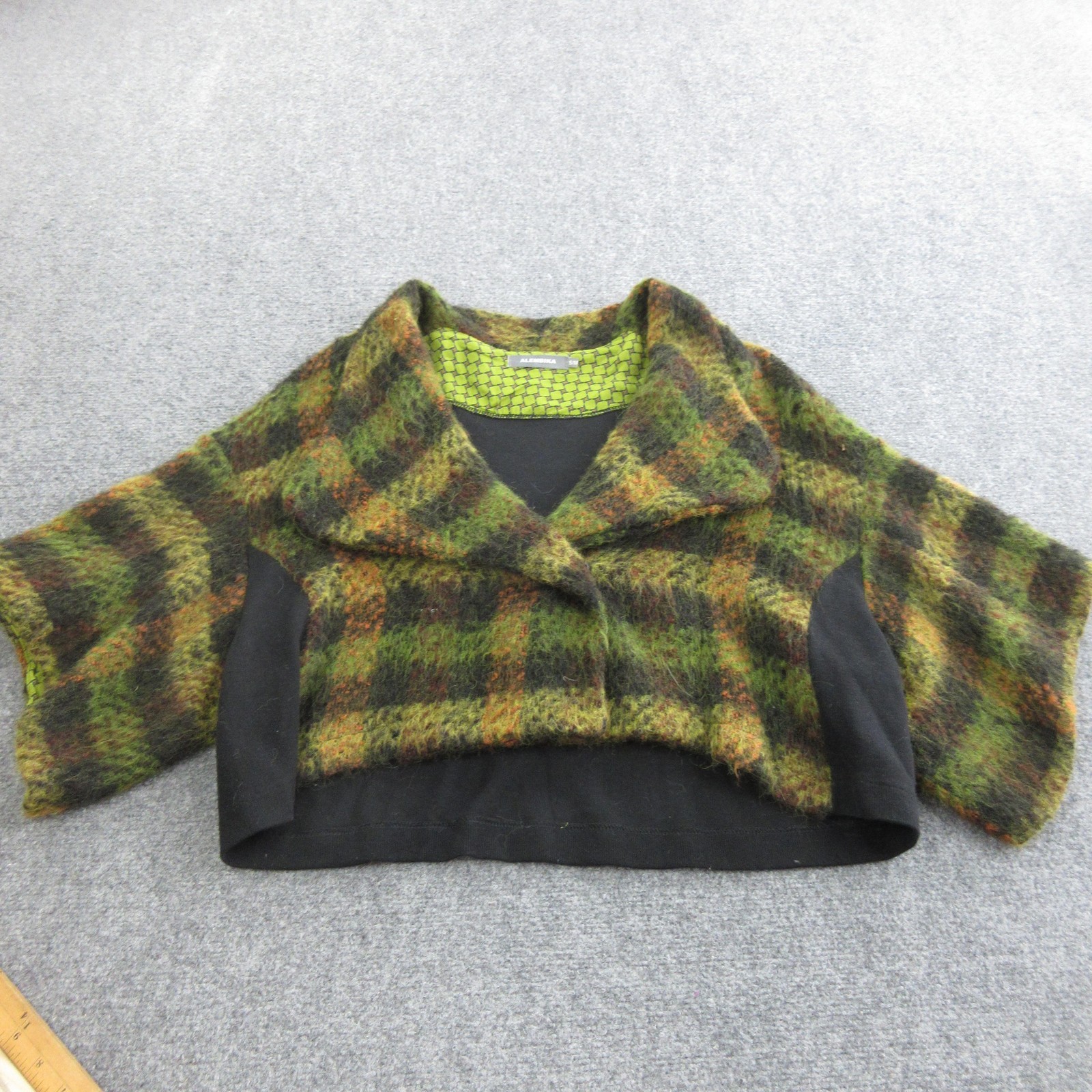 Alembika Jacket Womens S/M Green Wool Blend Plaid Cropped 3/4 Sleeve Short Boxy