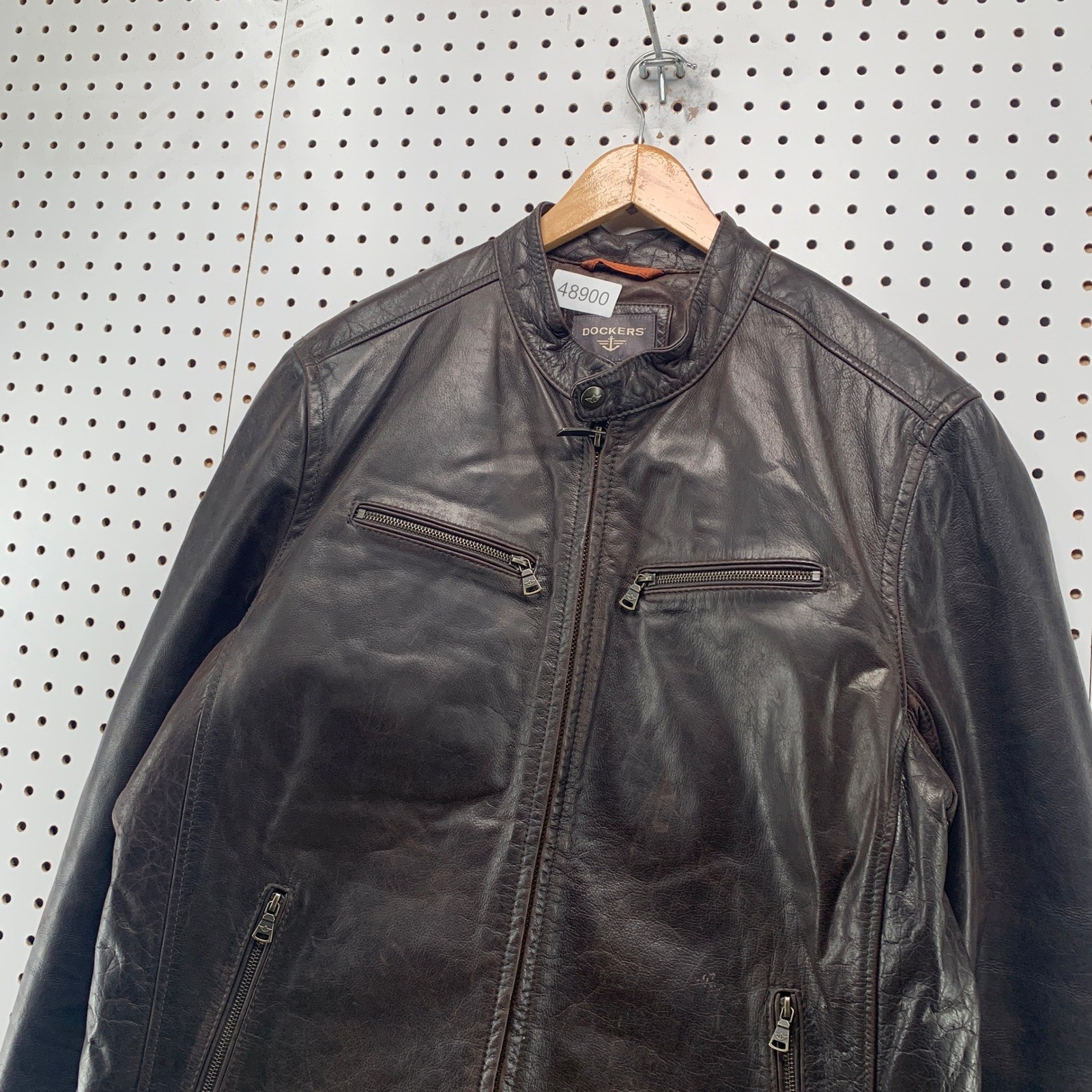 Dockers Leather Cafe Racer Jacket Mens XL Espresso Brown Moto Quilted Lining
