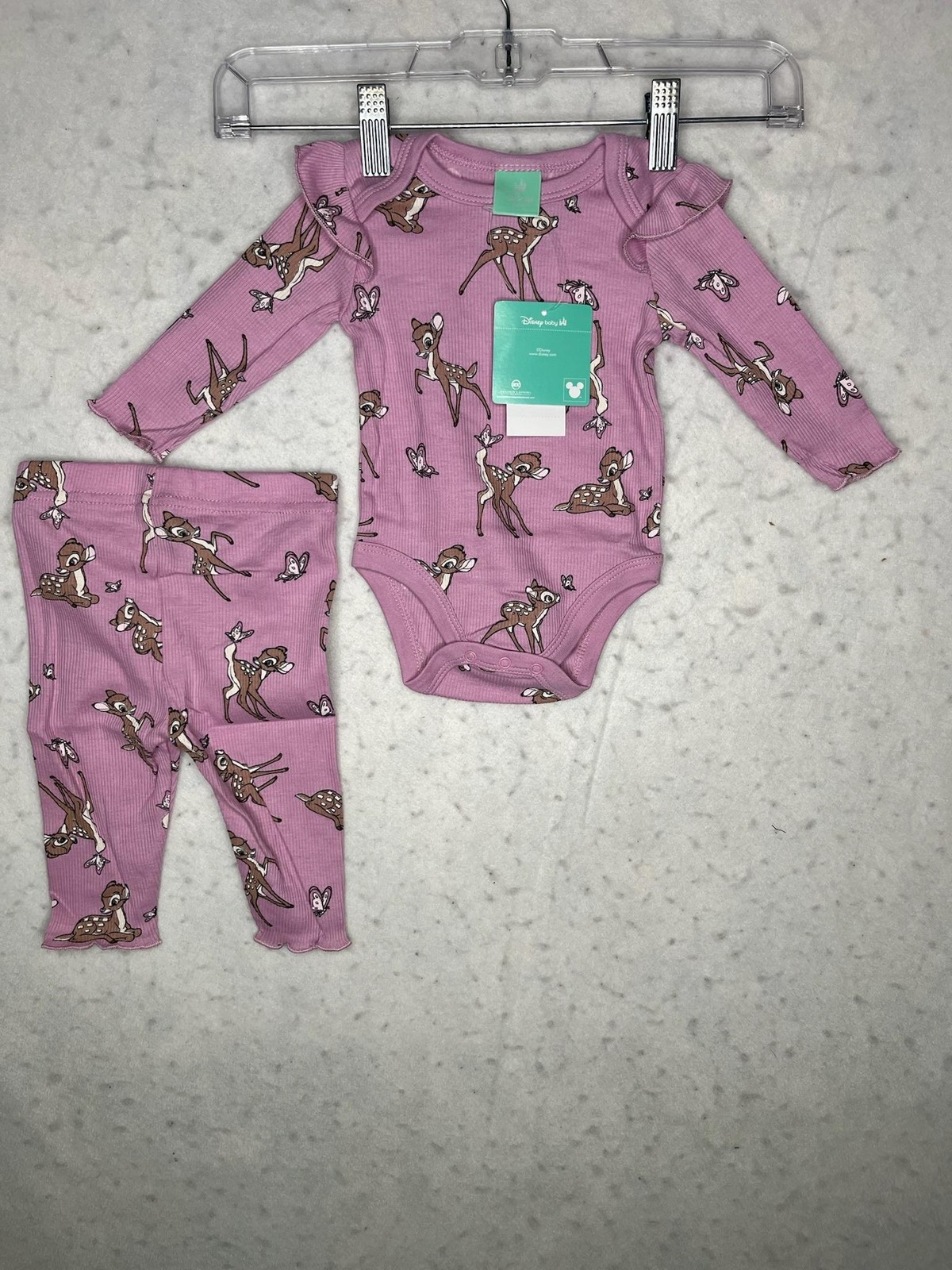 Disney Baby Outfit Set Girls 3-6M Purple Bambi Bodysuit Pants Headband NEW