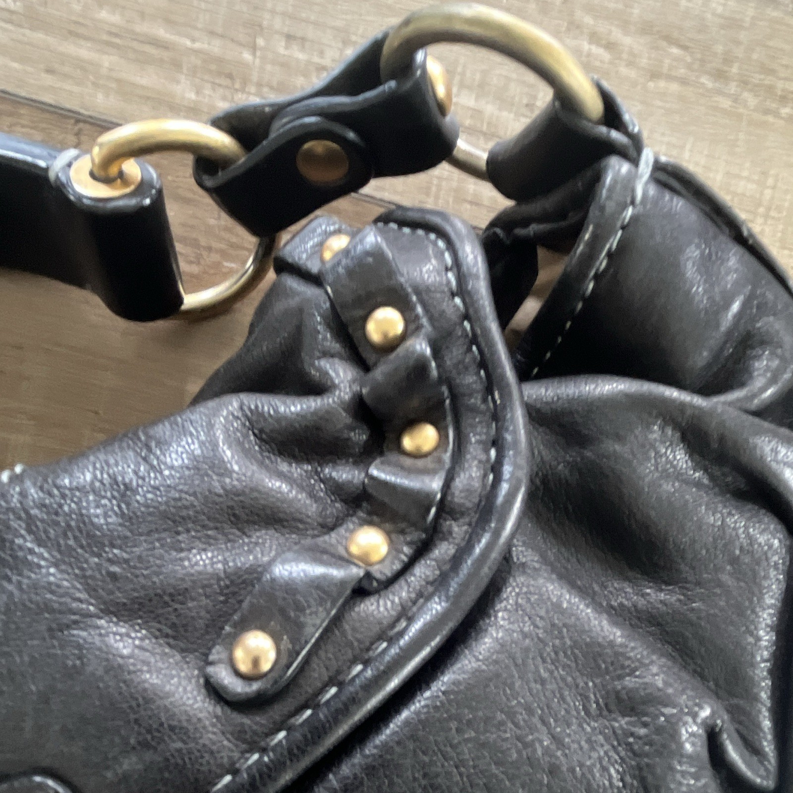 Y2K Juicy Couture Black Leather Studded Purse, heart & key gold metal accents