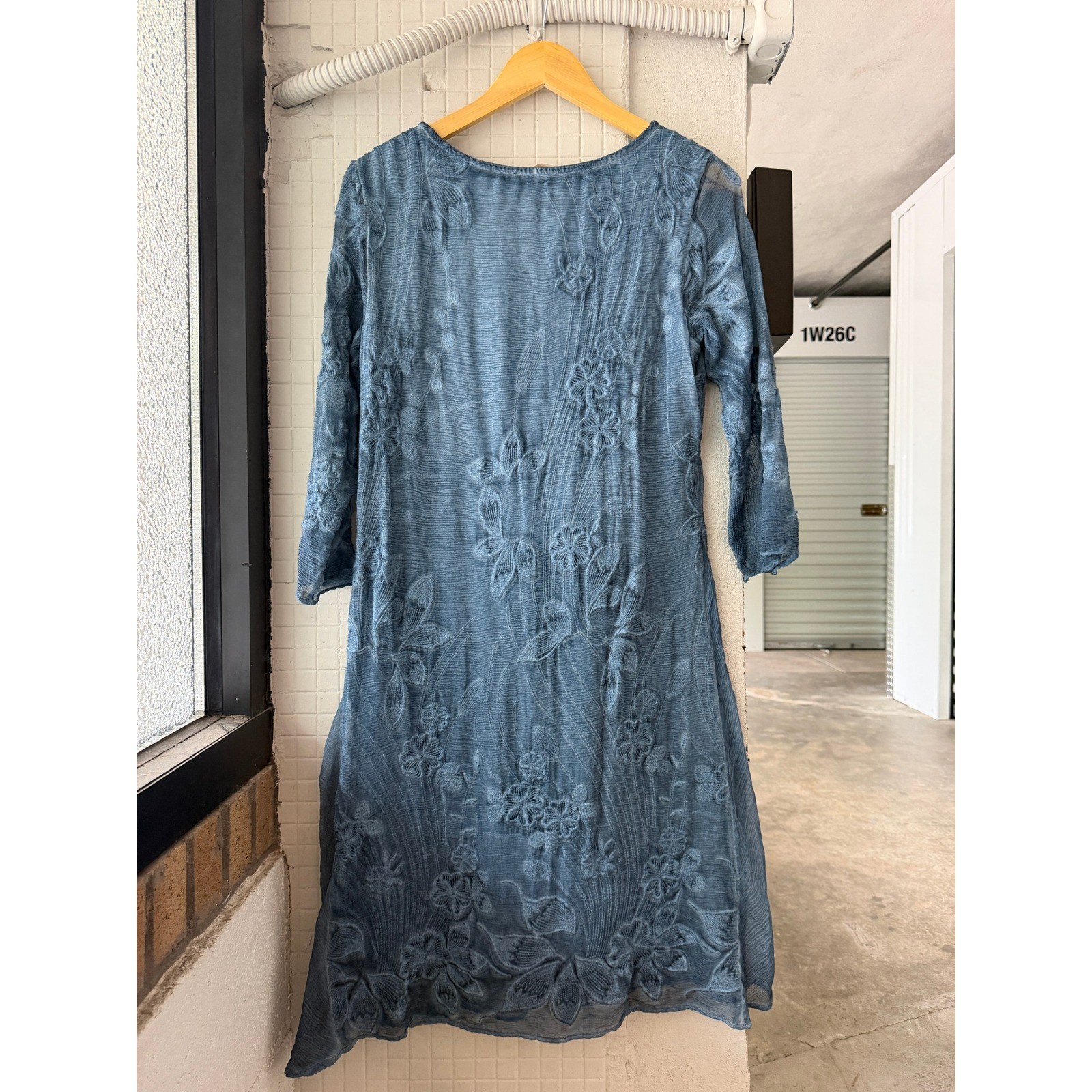 Soft Surroundings Blue Silk Floral Embroidered 3/4 Sleeve Lined Dress XS 2EY63