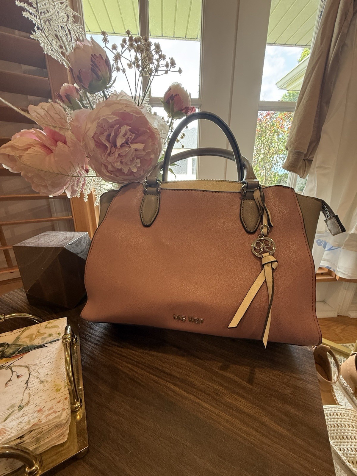 Nine West Colorblock Satchel Top Handle Pink/Gray/Beige Zip, Bag Charm