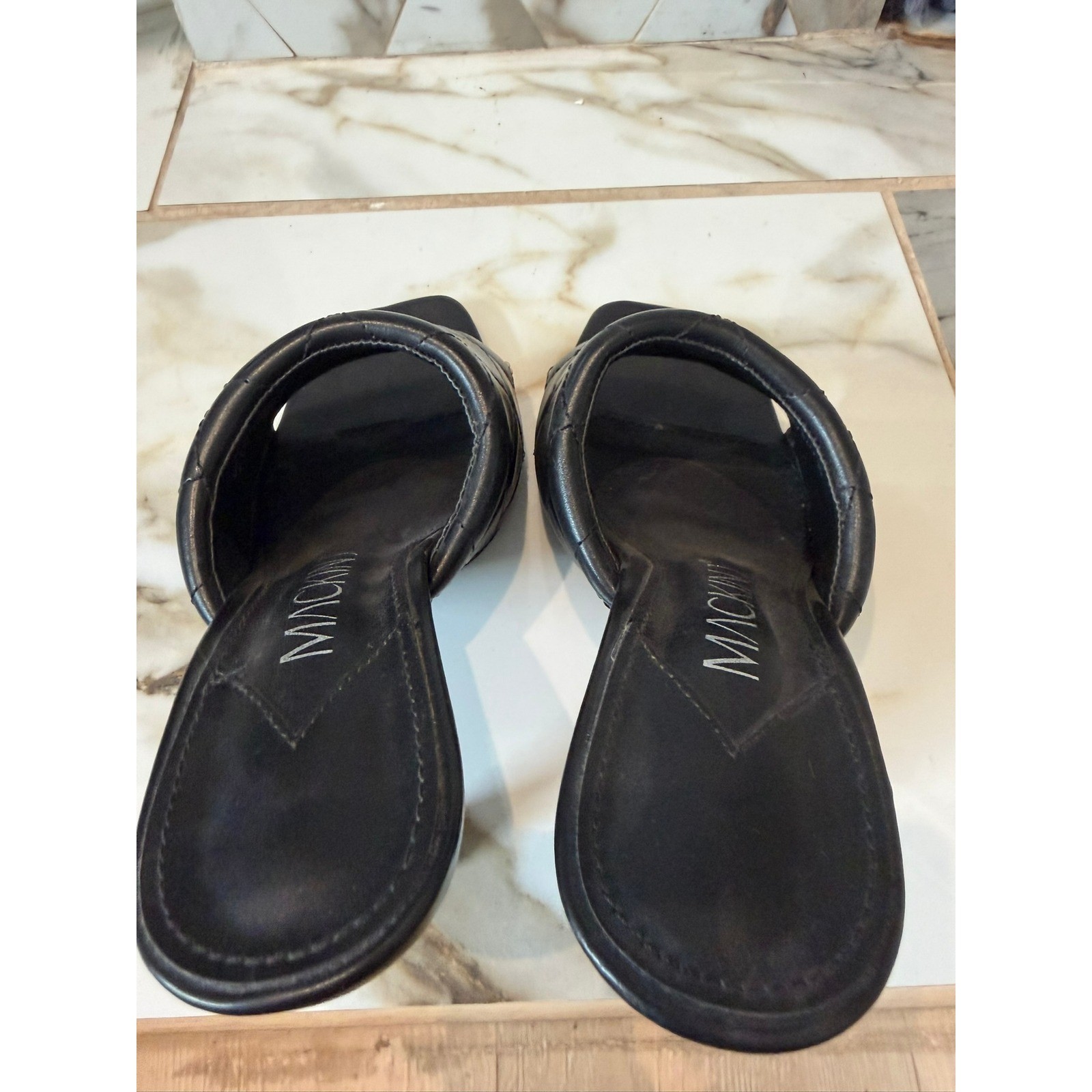 Mackin-J Quilted Slide Sandals Womens 9 Black Square Toe Stiletto Mules 225-28