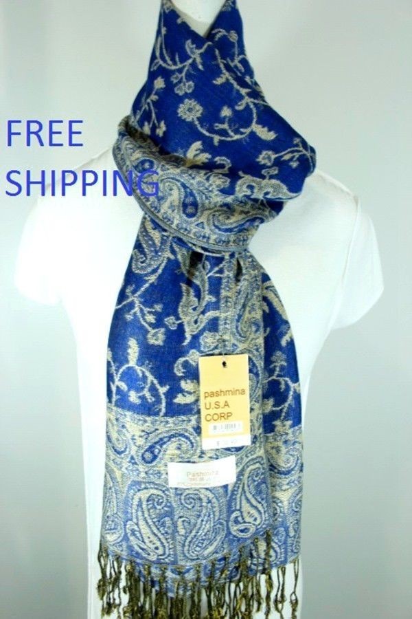 Women’s Pashmina Scarf Wrap Shawl Paisley Beige Turquoise Silk Cashmere