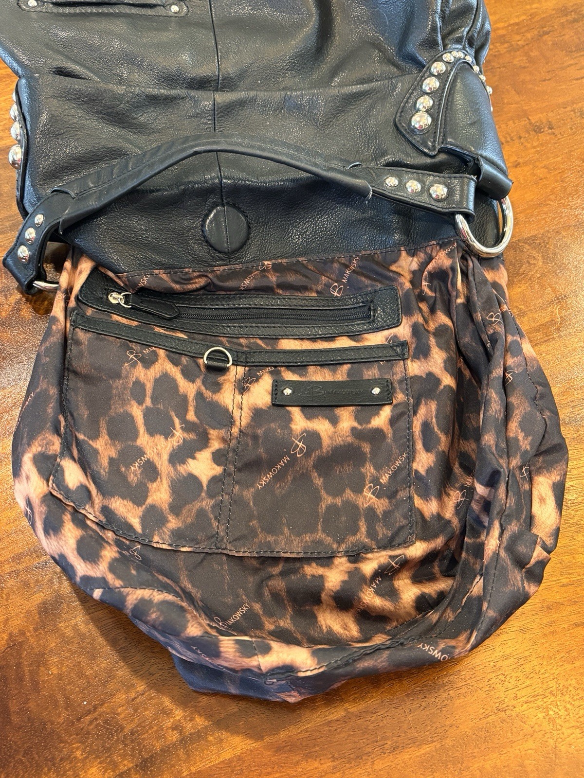 Bruce Makowsky Black Leather Shoulder Bag with Studs