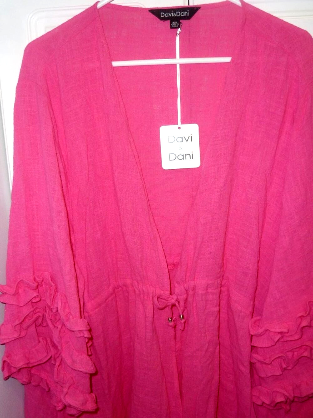 NWT Davi & Dani Hot Pink Gauzy Cotton Cardigan With Ruffle Accents 3XL
