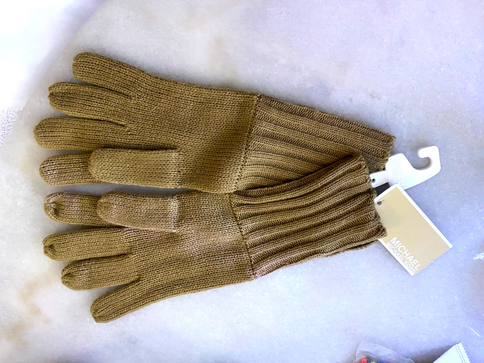 Michael Kors Camel Rib Knit Gold Button Accent Gloves
