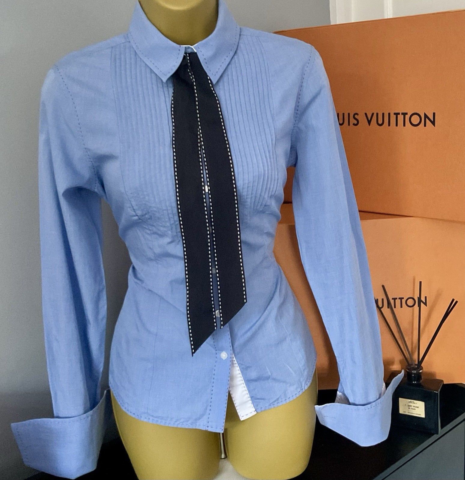 Pristine Thomas Pink Blue Fitted Pleated Tuxedo double Cuff Shirt Stunning UK 10
