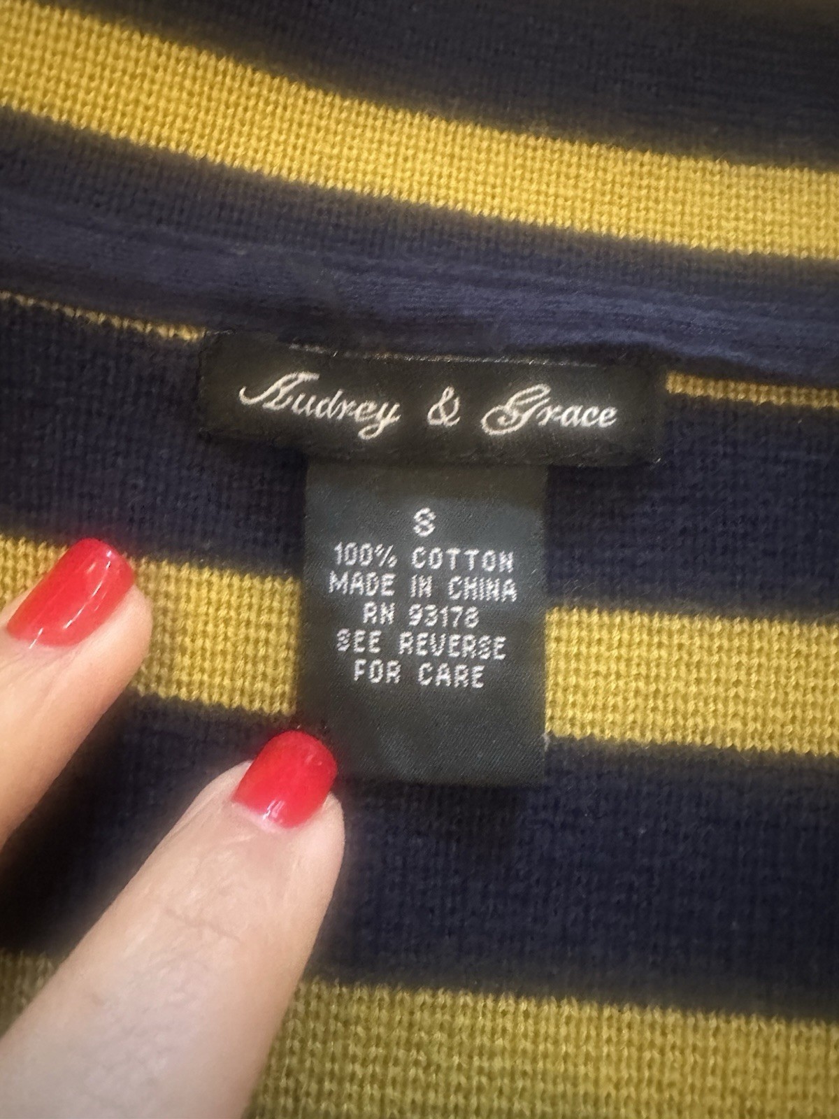 Audrey & Grace 100% Cotton Striped Cardigan Sweater Navy Yellow Collared S