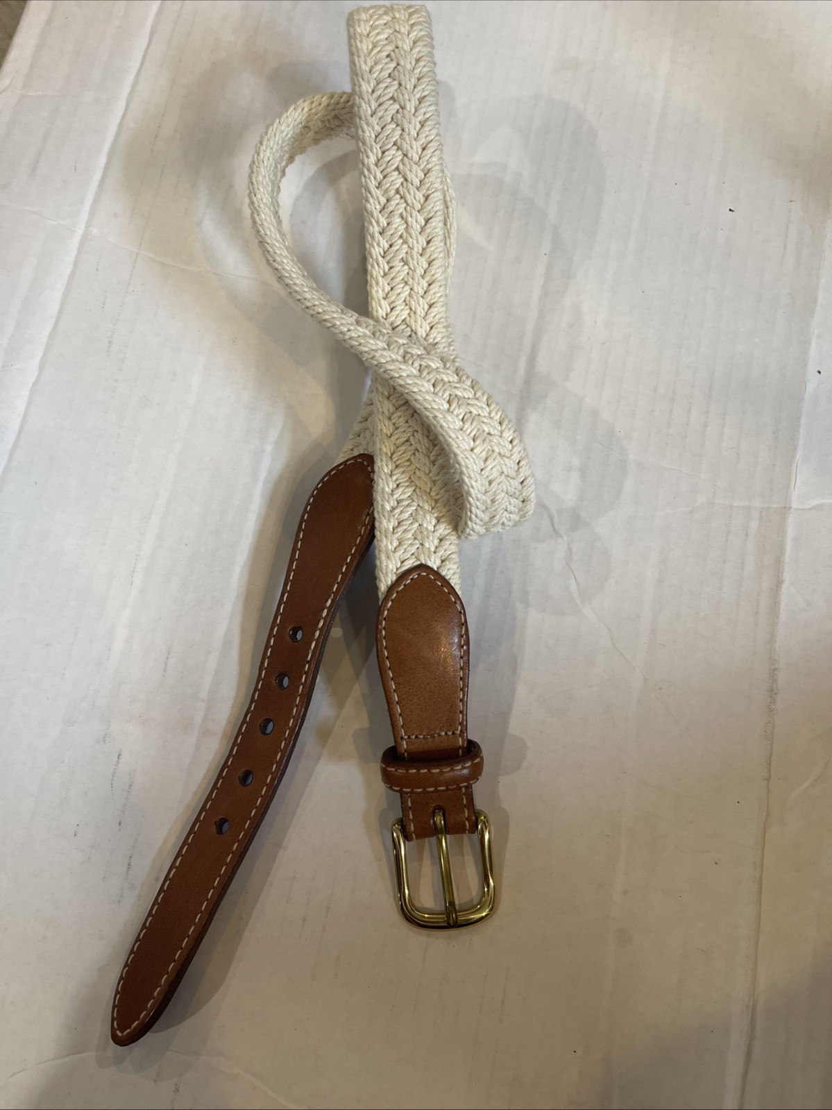 MENS NO TAG IVORY BRAIDED BELT LEATHER TRIM BRASS SZ L NON STRETCH EUC NICE