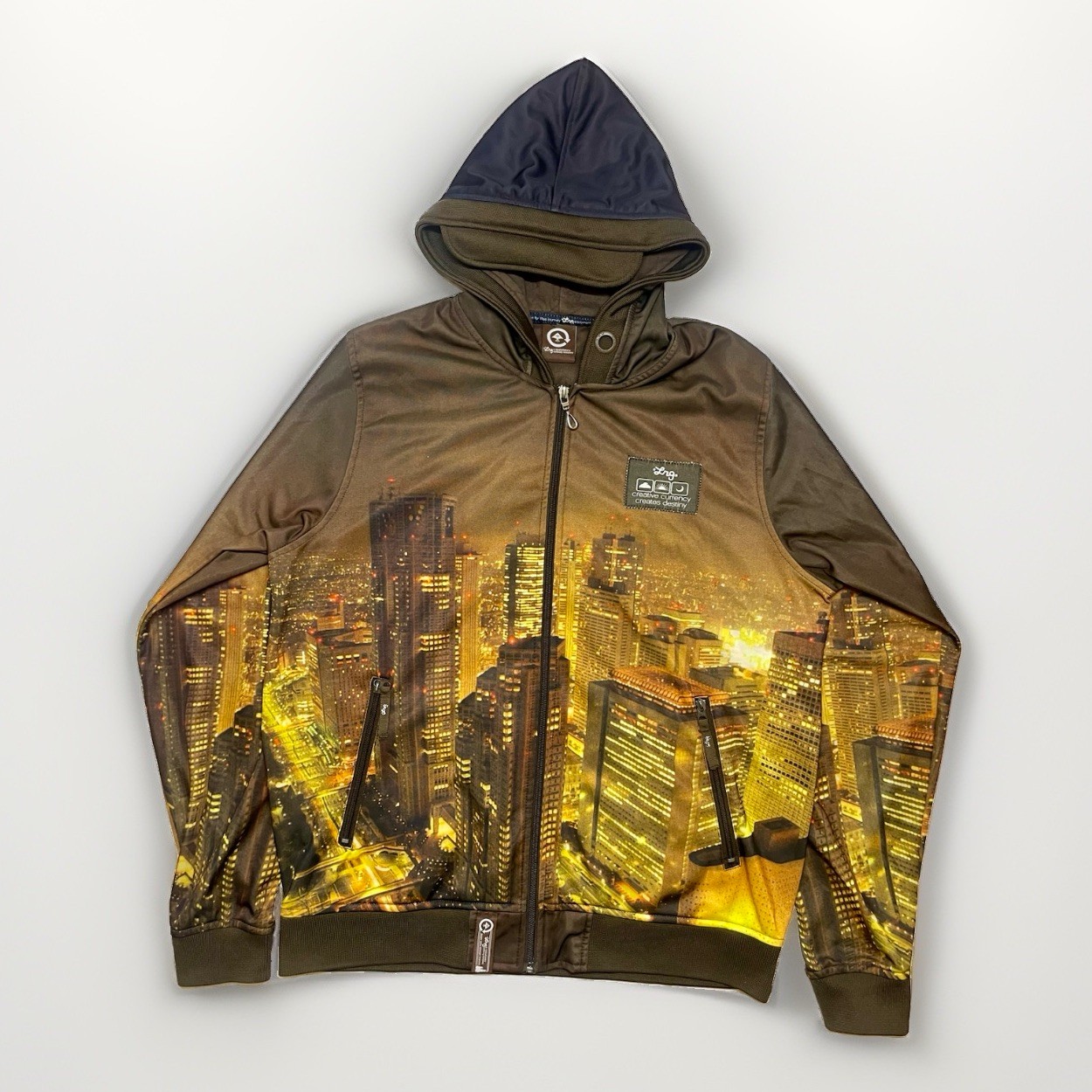 Vtg 2007 LRG Tokyo Skyline All Over Print Zip Hoodie Mens Medium Y2K Streetwear