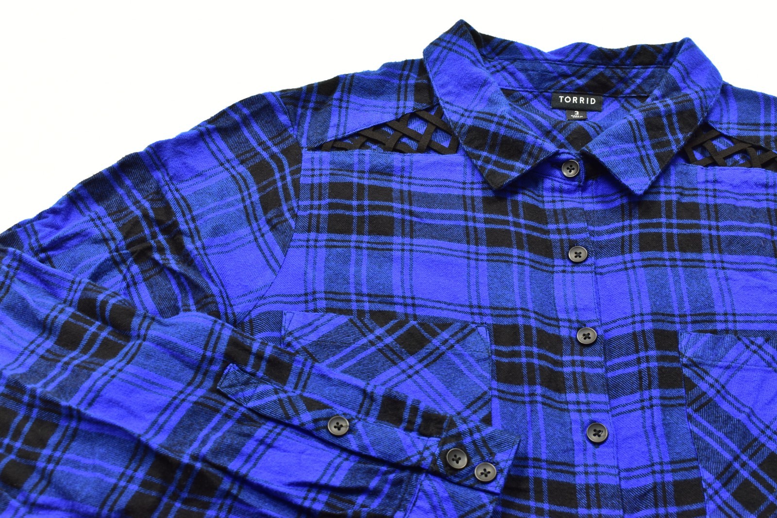 Torrid Plus Size 3 Blue Plaid Flannel Button Up Shirt Cage Strappy Shoulder