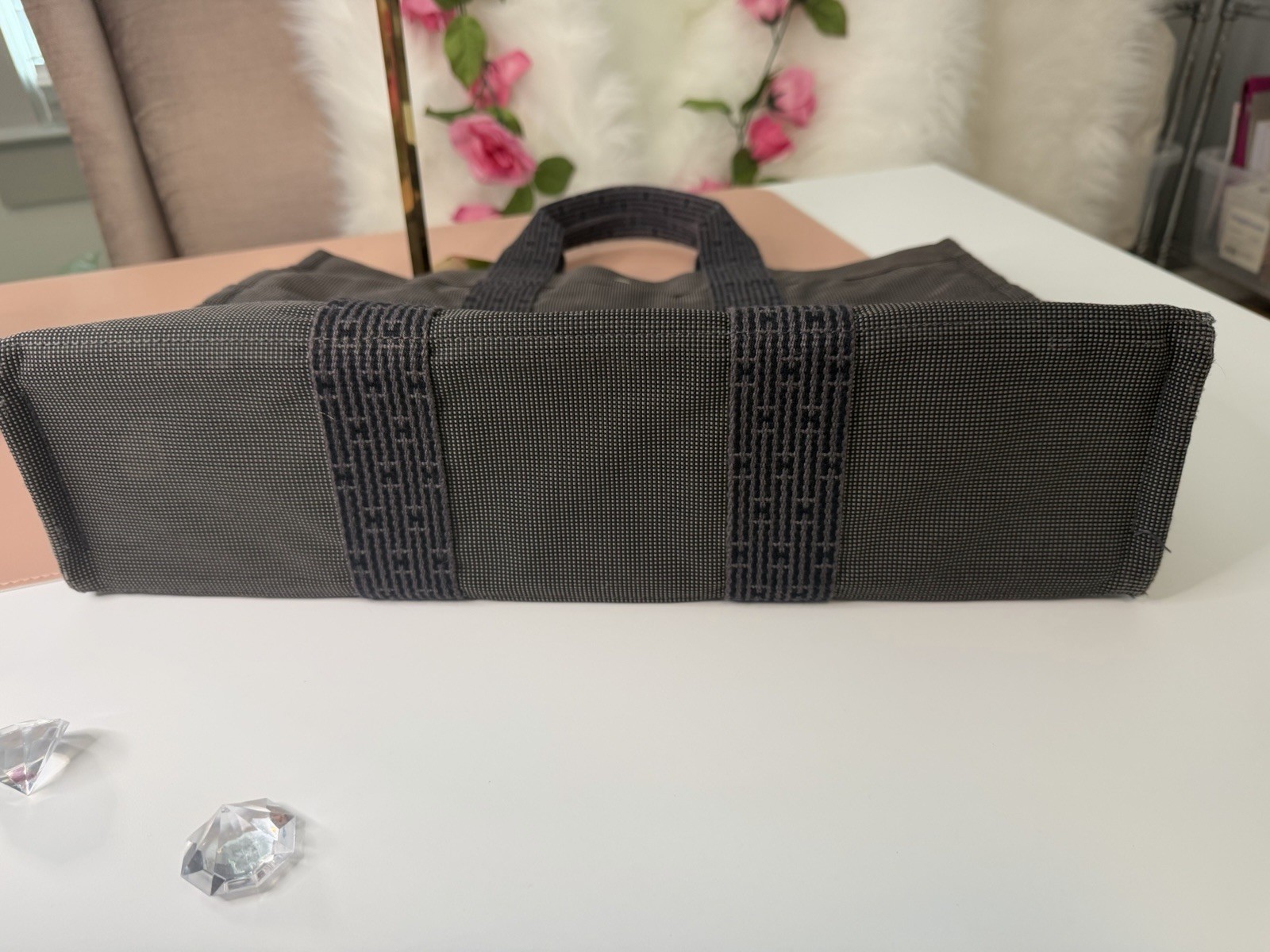 Hermes Vintage Herline MM Canvas Tote Bag Charcoal Grey