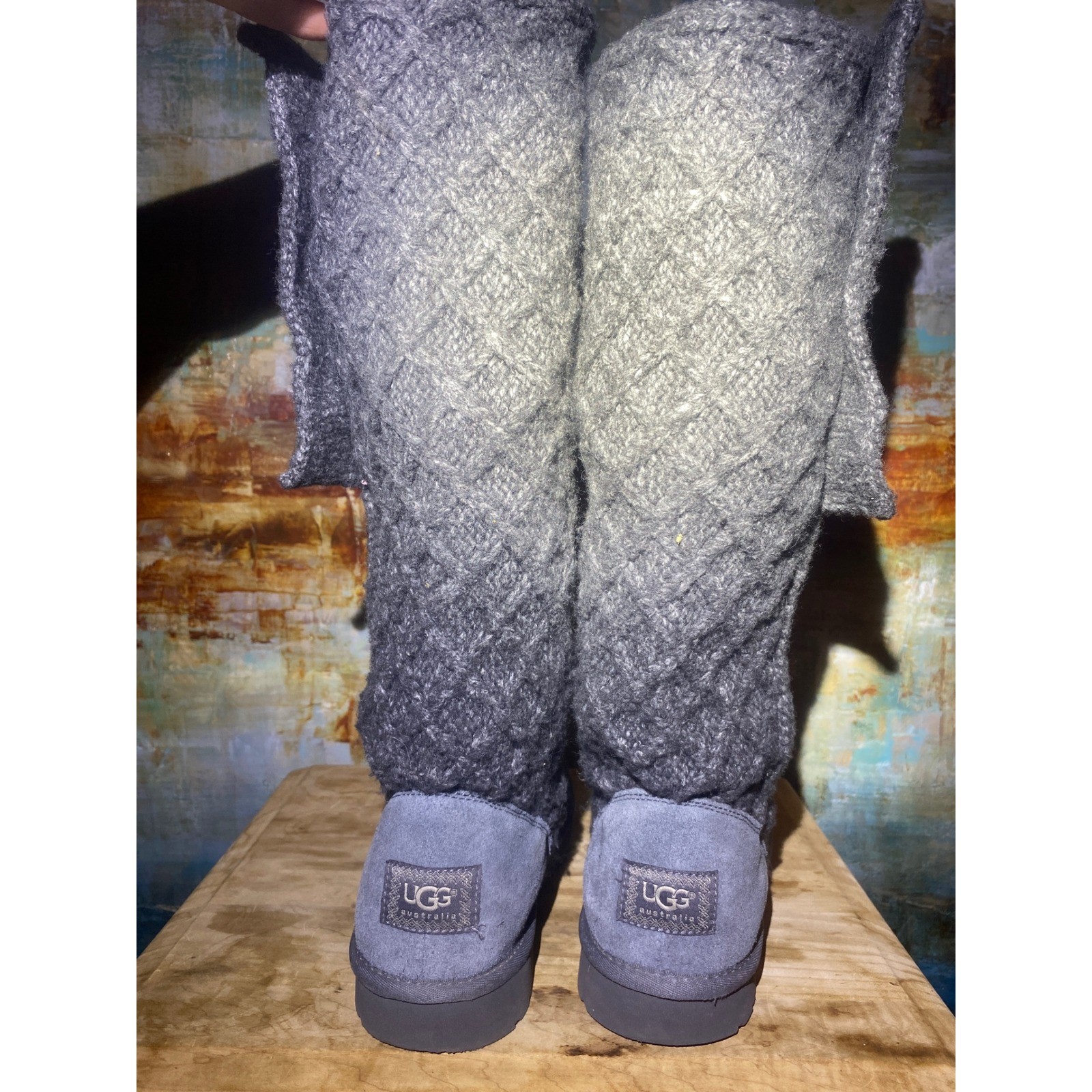 UGG Australia Lattice Cardy 3066 Charcoal Grey Knit Tall Button Boots Womens 10