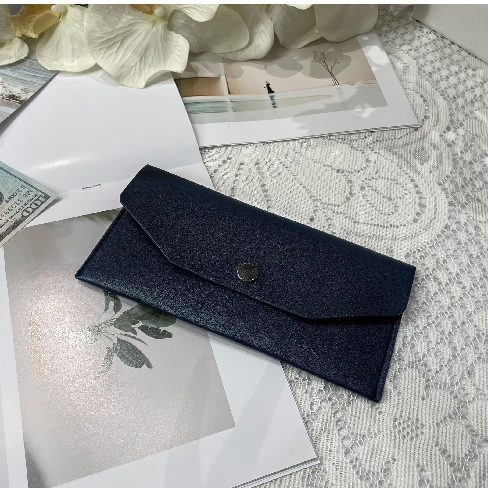 PU Leather Cash Envelope Wallet Women Reusable Budgeting Organizer Dark Blue
