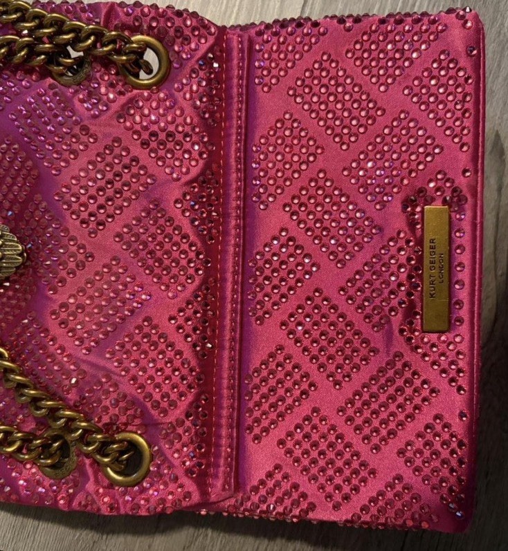 Kurt Geiger Pink Crystal Accent Shoulder Bag Gold Chain Strap Magnetic Flap