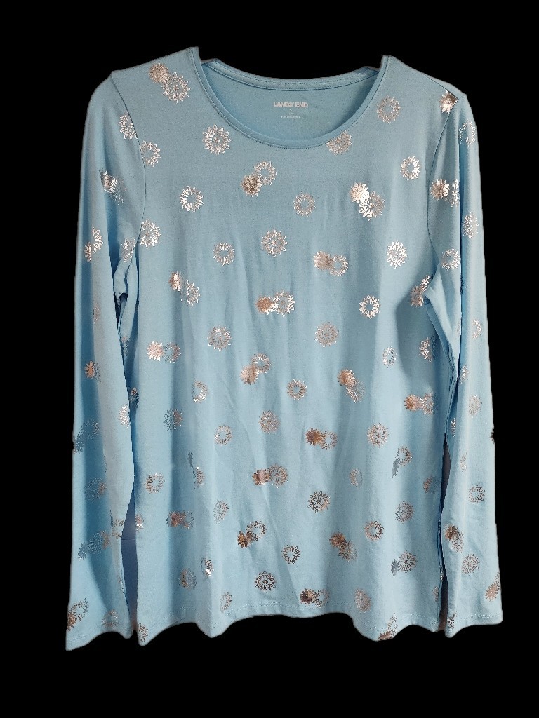 Lands End Womens Long Sleeve Top, Blue W/ Snowflakes, S, M, L, NWT, Ships Free
