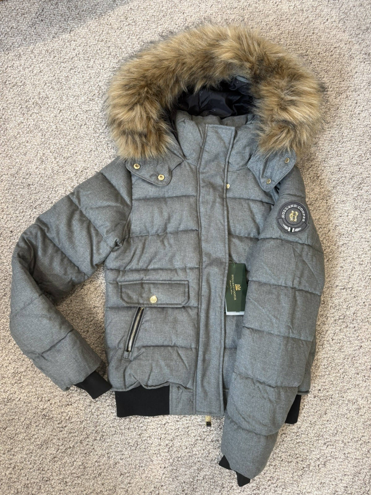 Holland Cooper Cervinia Puffer Grey tweed Jacket Coat faux Fur Hooded Small