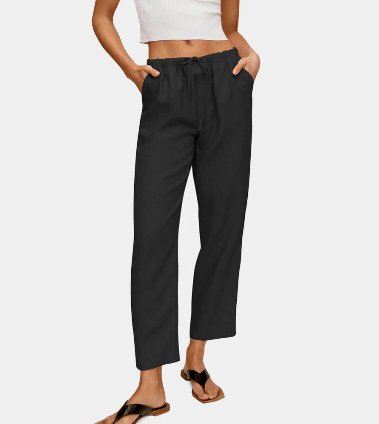 Hat and Beyond Women’s Lightweight Classic Fit Black Trouser Linen Pants – M