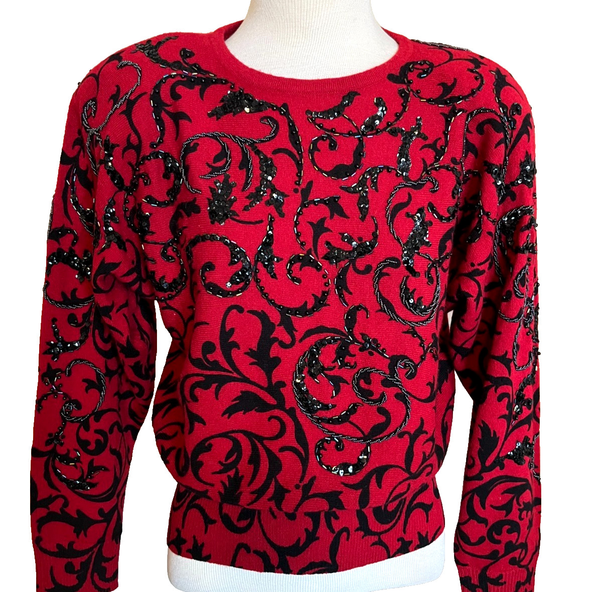 Cache Sweater Top Red Black Sequin Beaded Size Small Angora Wool Holiday Vintage