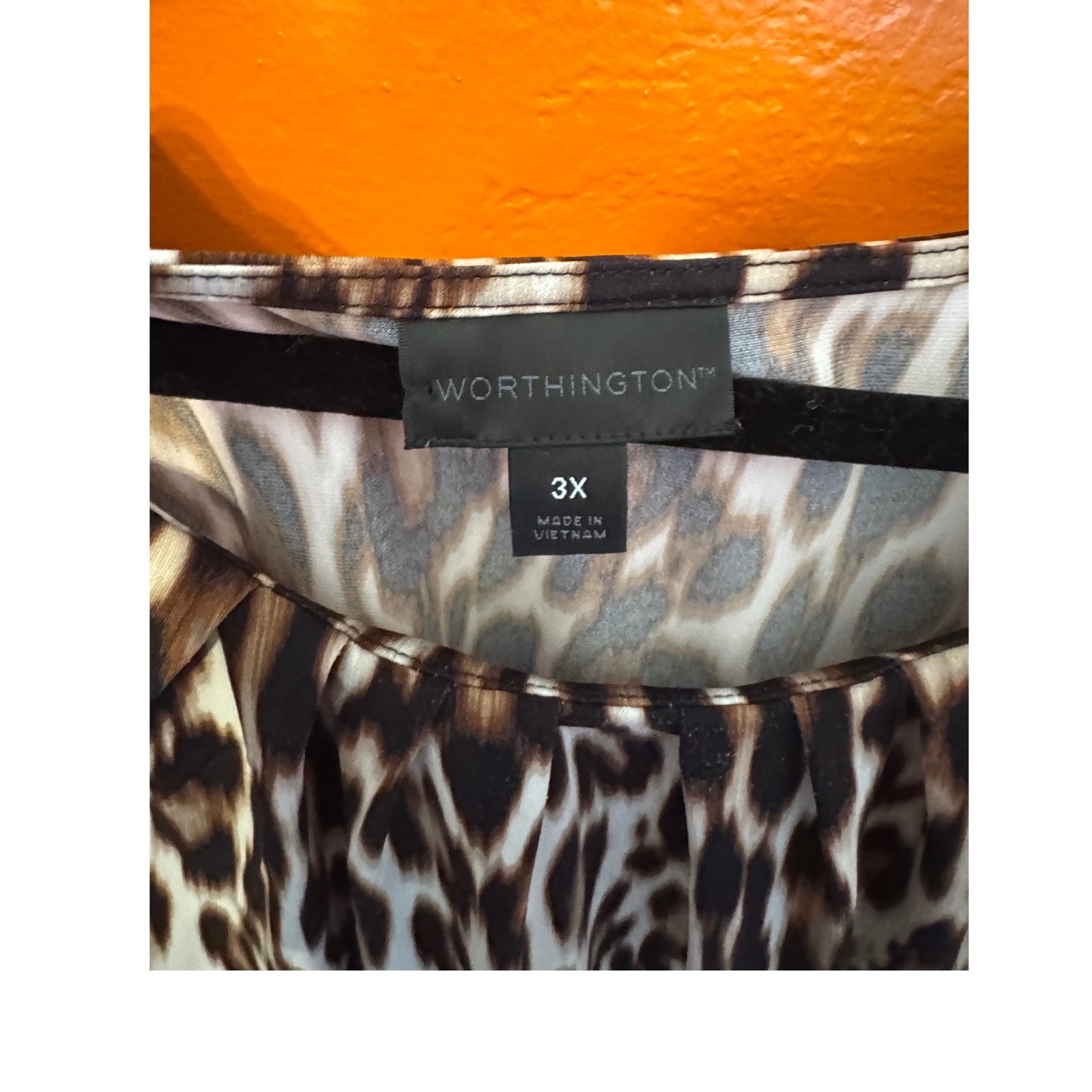 Worthington Womens 3X Leopard Print Short Sleeve Pleated Scoop Neck Blouse Top