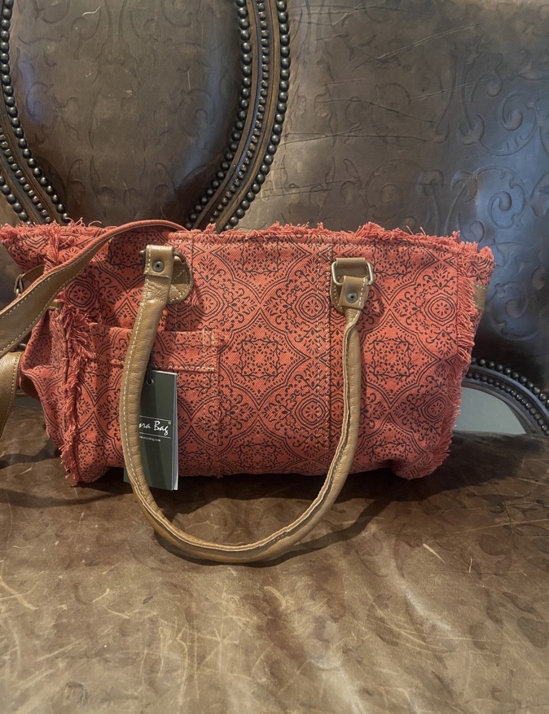 Myra Bag Rust Red Geometric Large Tote with Fringe & Detachable Crossbody Strap