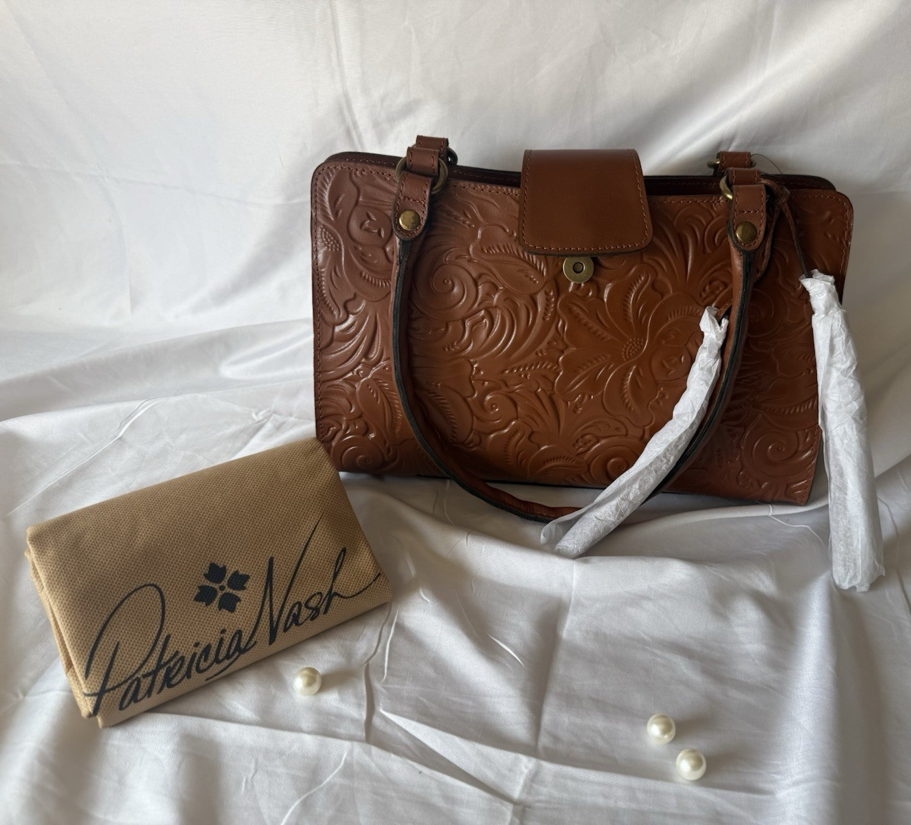 Patricia Nash Brown Floral Embossed Satchel Zip/Magnetic w Dust Bag