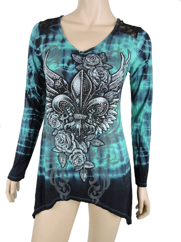 Sugar Rock Women Tie Dye Lace Tunic Shirt Crystal Fleur Shark Bite Size XS – 3XL