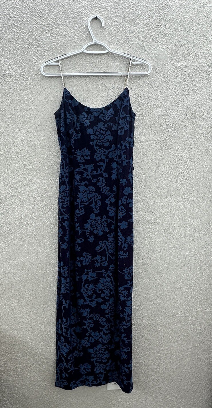 Bari Jay Womens Dress Size 5-6 Blue Floral Gem Spaghetti Staps Maxi Vintage